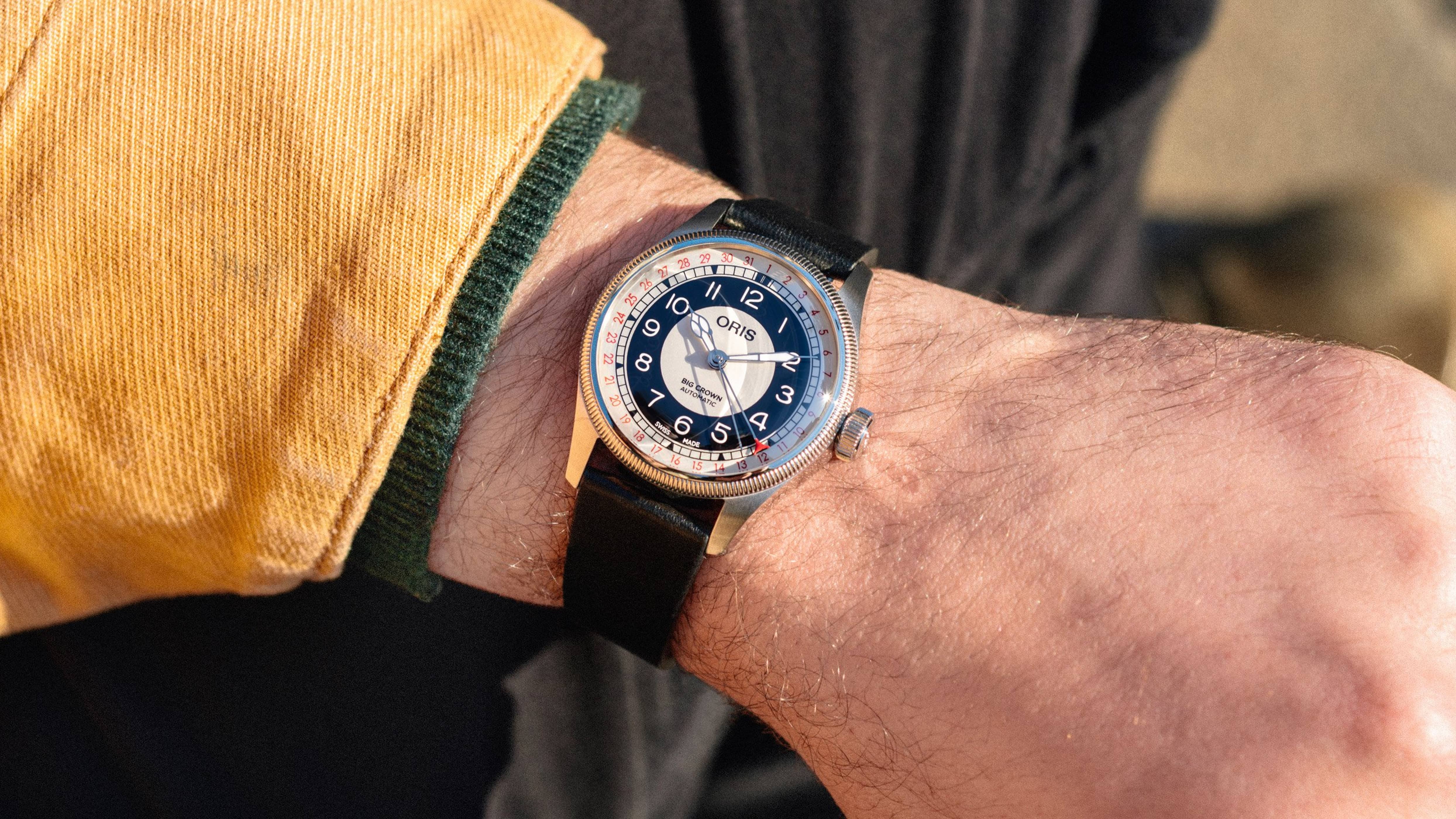 Oris Big Crown Pointer Date Bullseye with black and white concentric dial on black leather strap