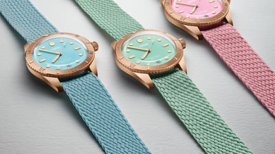 Last year’s Diver’s Sixty-Five Cotton Candy collection brought some light in a dark time.  Now it’s back, with an even brighter story – recycled Perlon straps in sky blue, wild green and lipstick pink.