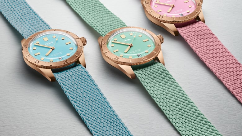 Last year’s Diver’s Sixty-Five Cotton Candy collection brought some light in a dark time.  Now it’s back, with an even brighter story – recycled Perlon straps in sky blue, wild green and lipstick pink.