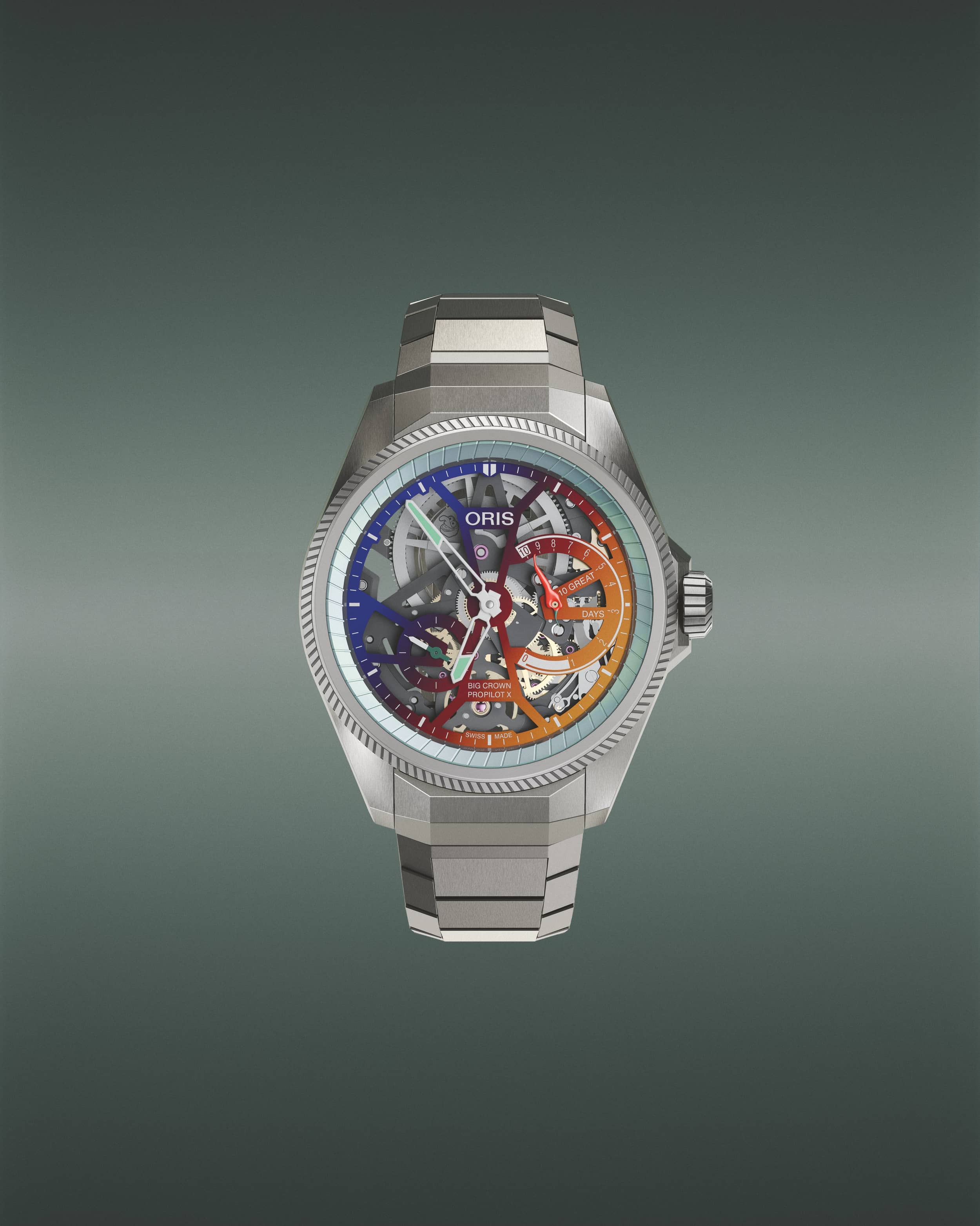 Oris Big Crown ProPilot X Gonzo Edition with skeletonized multicolor dial and titanium bracelet